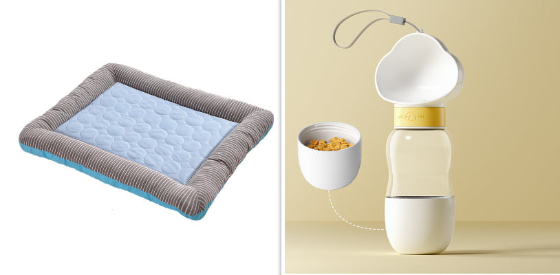 Soft dog cooling blanket for summer by Shopi Vella with grey and blue padded edges