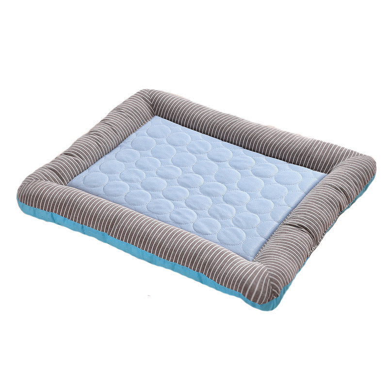 Shopi Vella soft dog cooling blanket for summer with blue quilted center and striped padded border