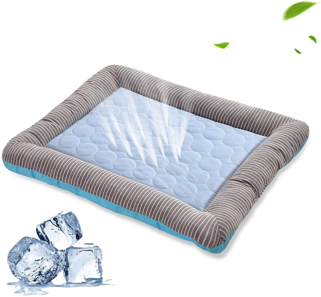 Shopi Vella soft dog cooling blanket for summer with striped cushioned border and blue quilted center