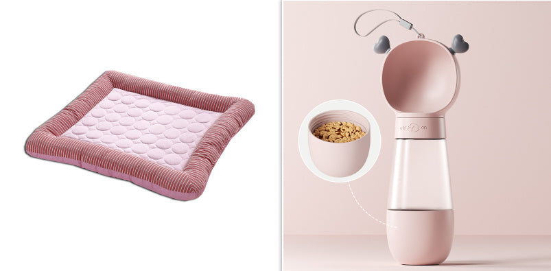 Shopi Vella soft dog cooling blanket for summer in pink with textured border and portable pet water and food dispenser