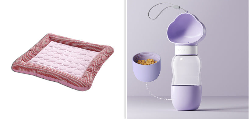 Soft dog cooling blanket for summer in pink and portable purple dog water and food bottle set