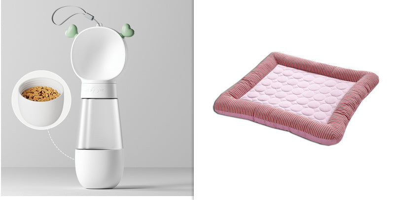 Soft dog cooling blanket for summer in pink with textured edge next to a white pet water bottle with attached food bowl