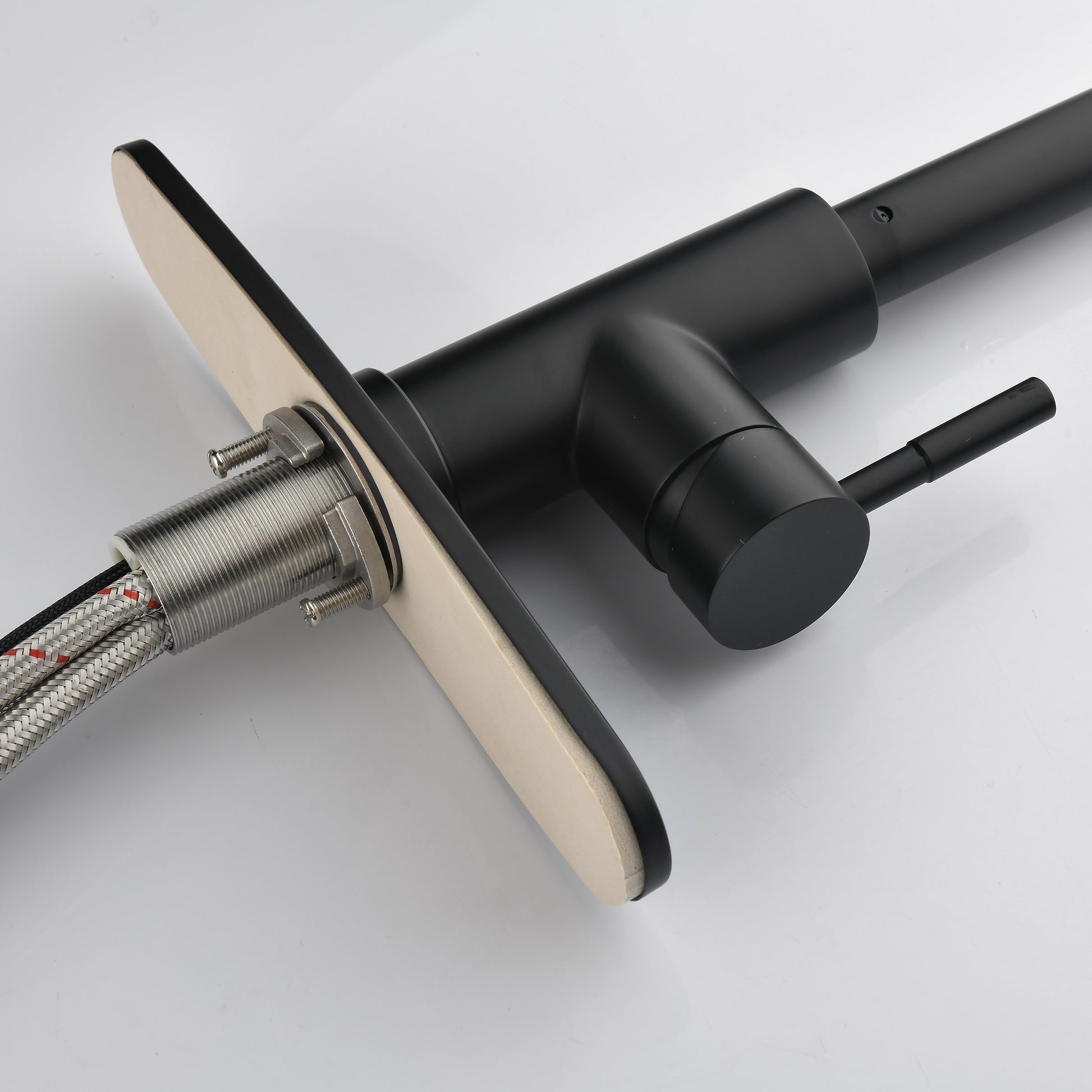 Matte black solid brass kitchen faucet with single lever handle and mounting hardware