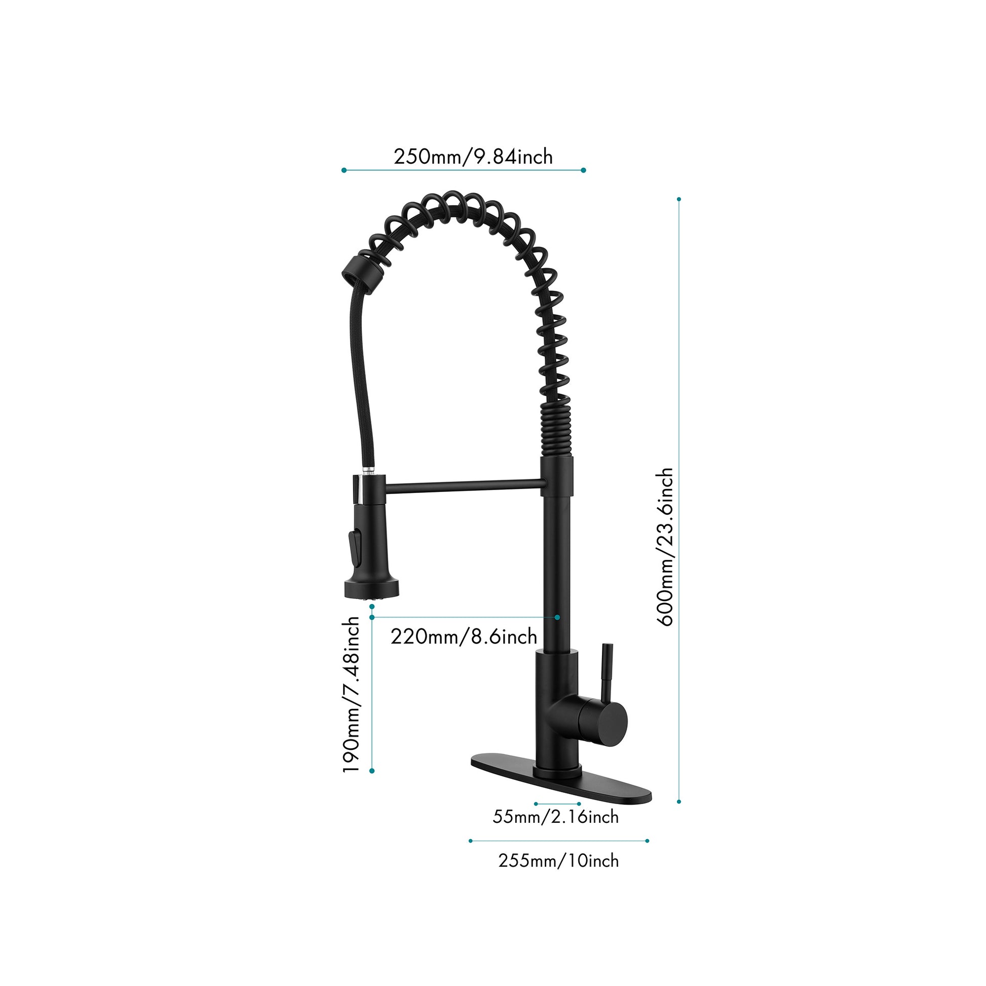 Black solid brass kitchen faucet with flexible spring spout and precise measurements