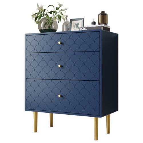 Shopi Vella solid wood bedside tables in navy blue with three drawers and gold legs