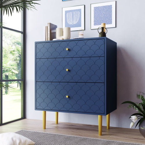 Shopi Vella blue solid wood bedside tables with three drawers and golden legs in modern bedroom