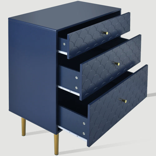 Shopi Vella solid wood bedside tables in navy blue with three patterned drawers and gold legs