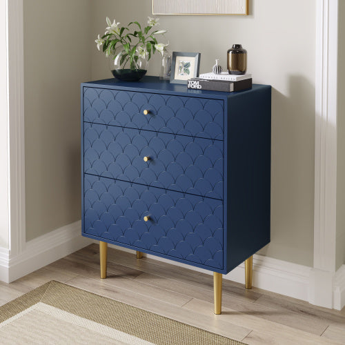 Shopi Vella modern navy blue solid wood bedside tables with three drawers and gold handles