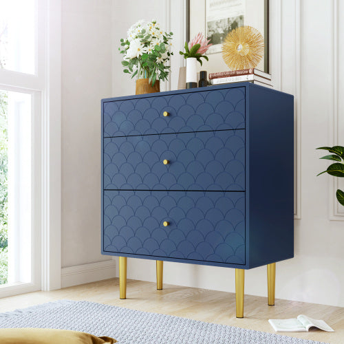 Shopi Vella blue solid wood bedside tables with three drawers and gold legs in modern bedroom