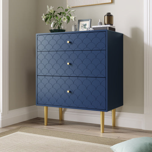 Shopi Vella blue solid wood bedside tables with gold legs and three drawers in a modern bedroom