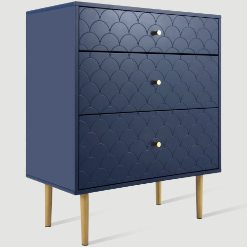 Shopi Vella solid wood bedside tables in navy blue with three drawers and gold metal knobs