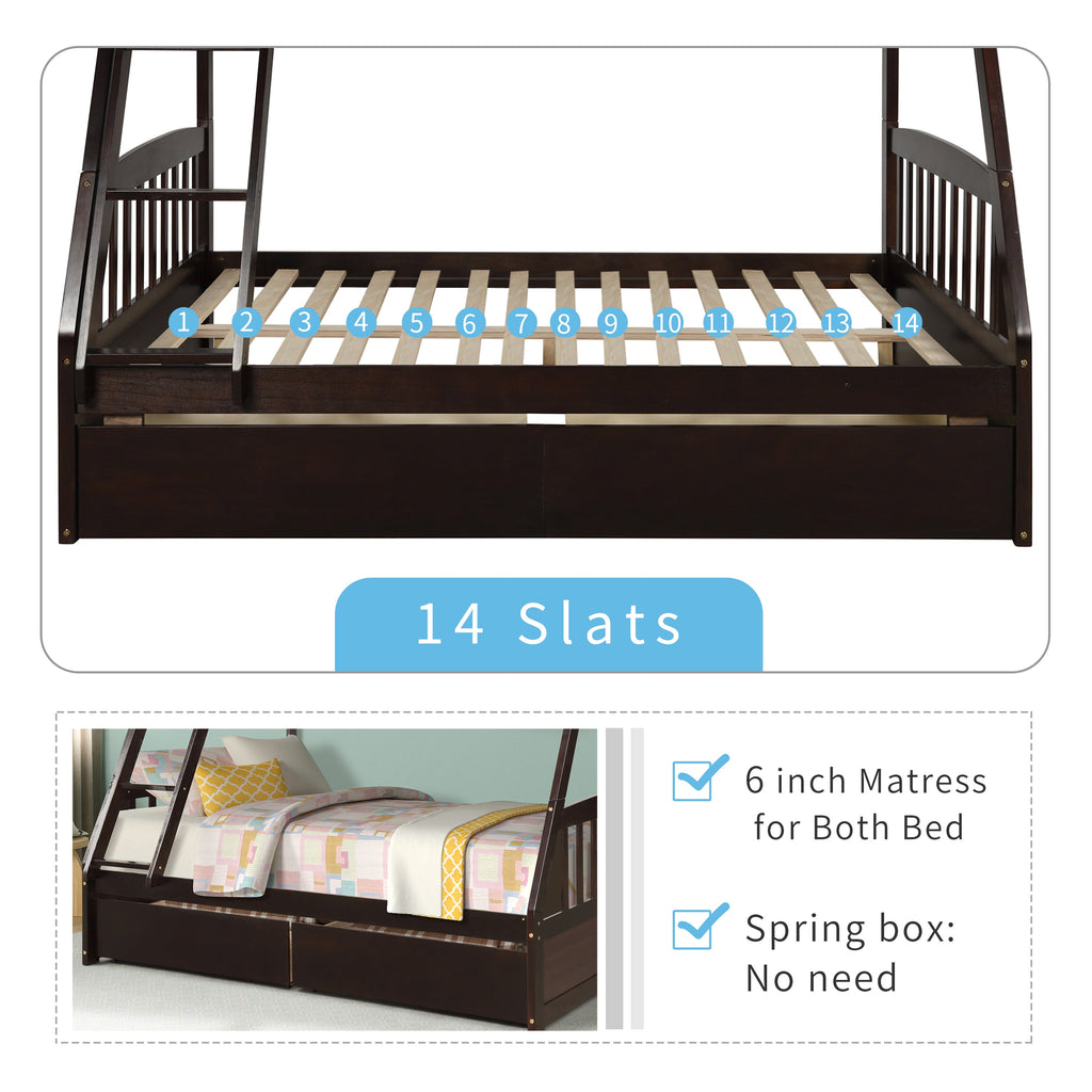 Vtng Furniture solid wood bunk bed with storage featuring 14 slats and under-bed drawers