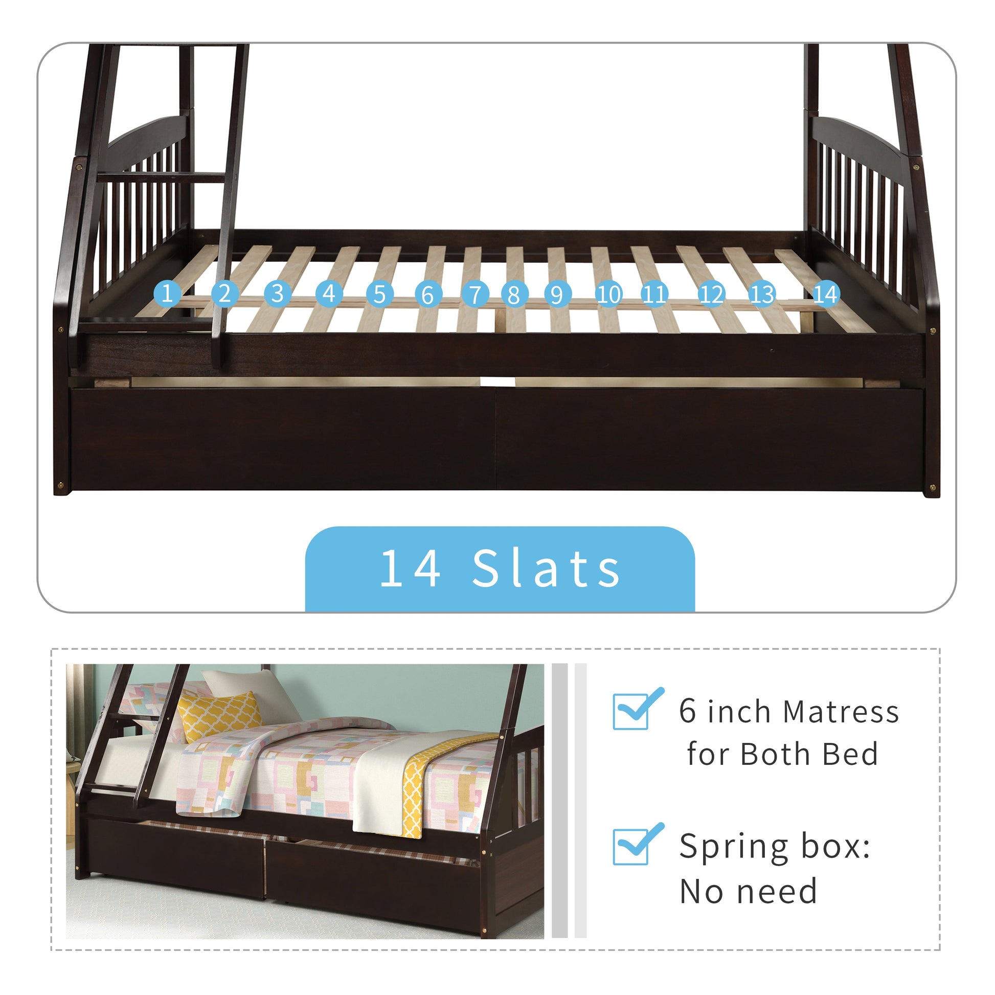 Vtng Furniture solid wood bunk bed with storage featuring 14 slats and under-bed drawers