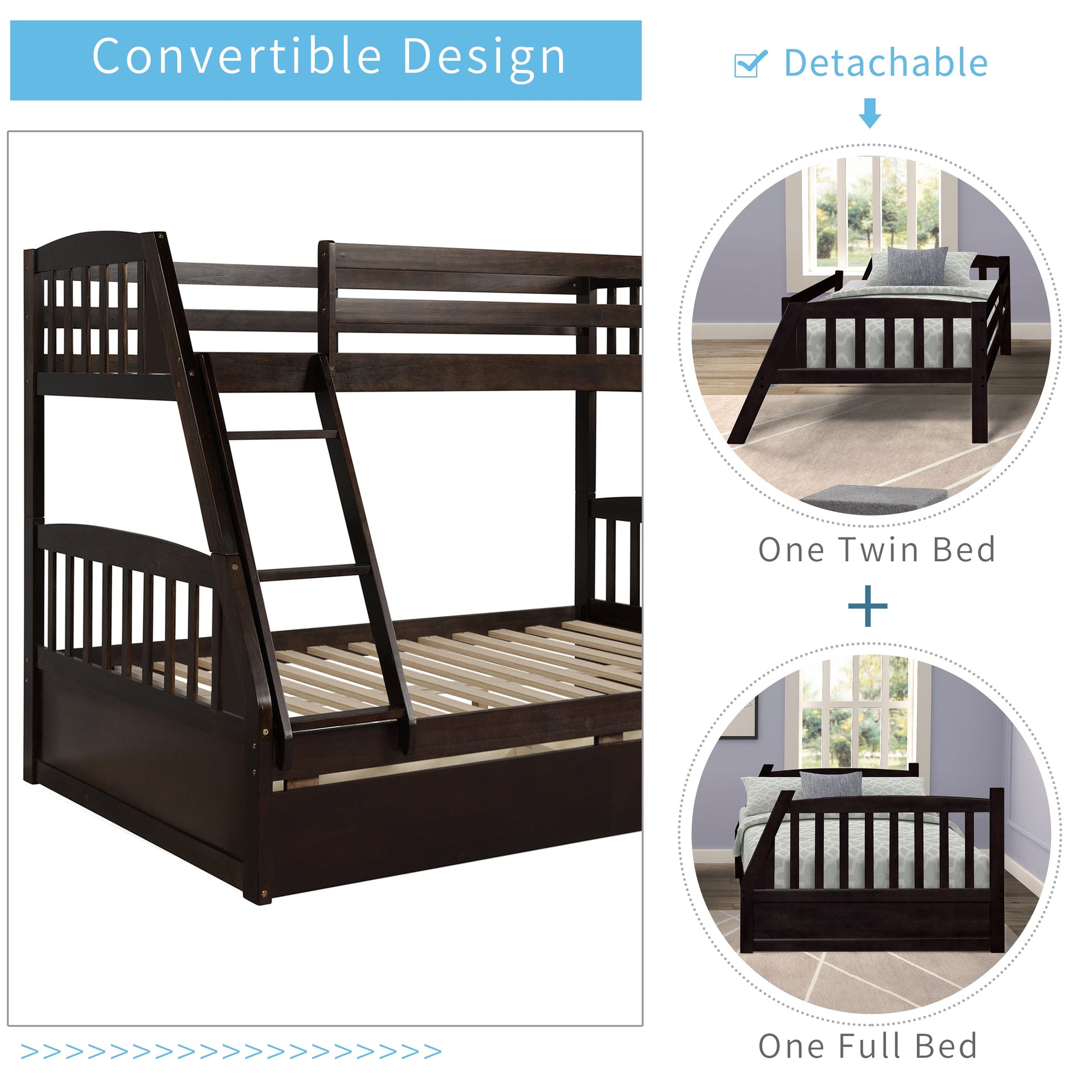 Vtng Furniture solid wood bunk bed with storage convertible to one twin bed and one full bed