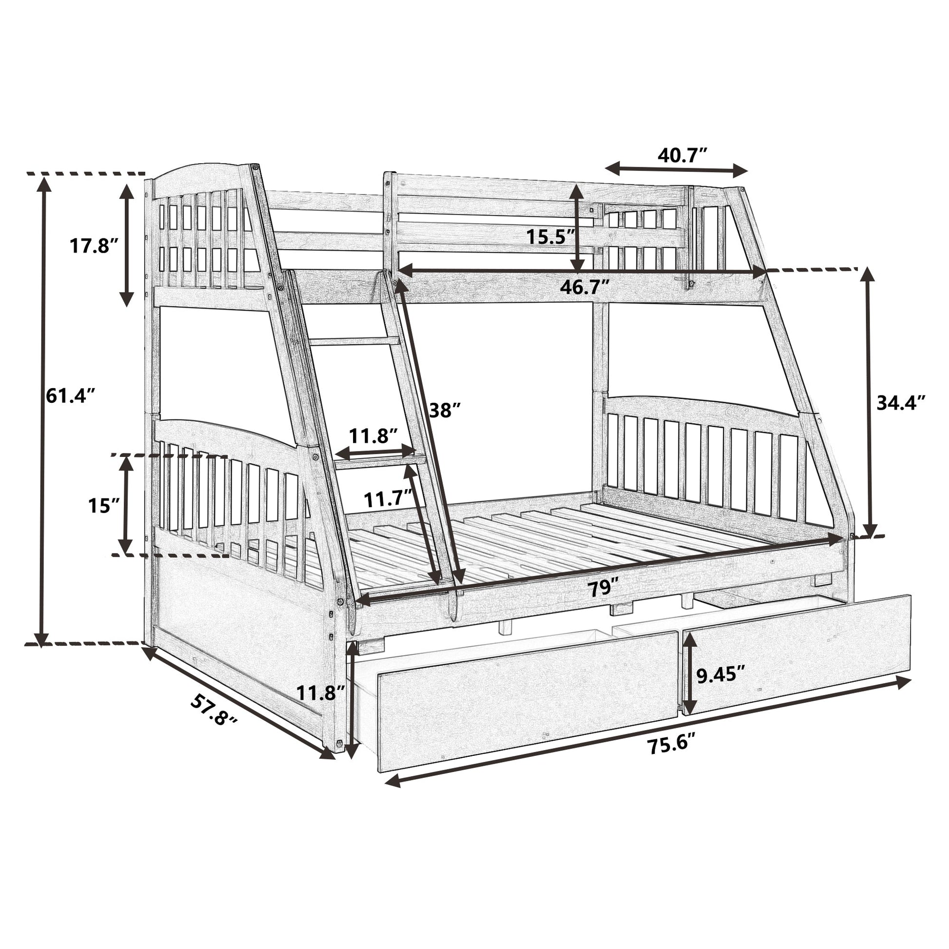 Vtng Furniture solid wood bunk bed with storage featuring detailed dimensions and ladder