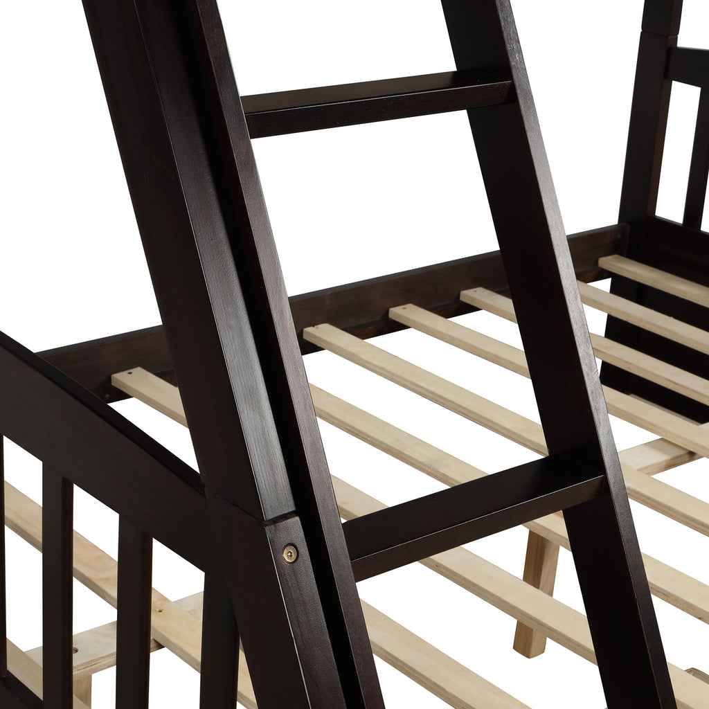 Close-up of dark wood ladder and slats on solid wood bunk bed with storage by Vtng Furniture