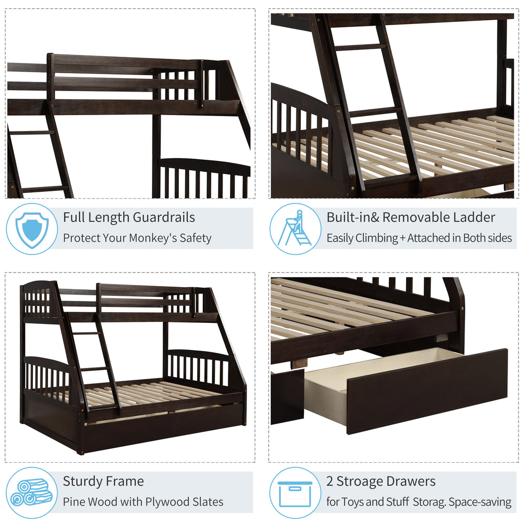 Vtng Furniture solid wood bunk bed with storage featuring full guardrails, built-in ladder, sturdy frame, and two storage drawers