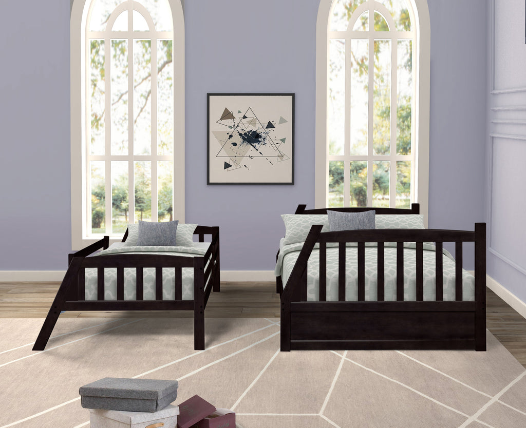 Solid wood bunk bed with storage in dark finish by Vtng Furniture in a bright bedroom setting