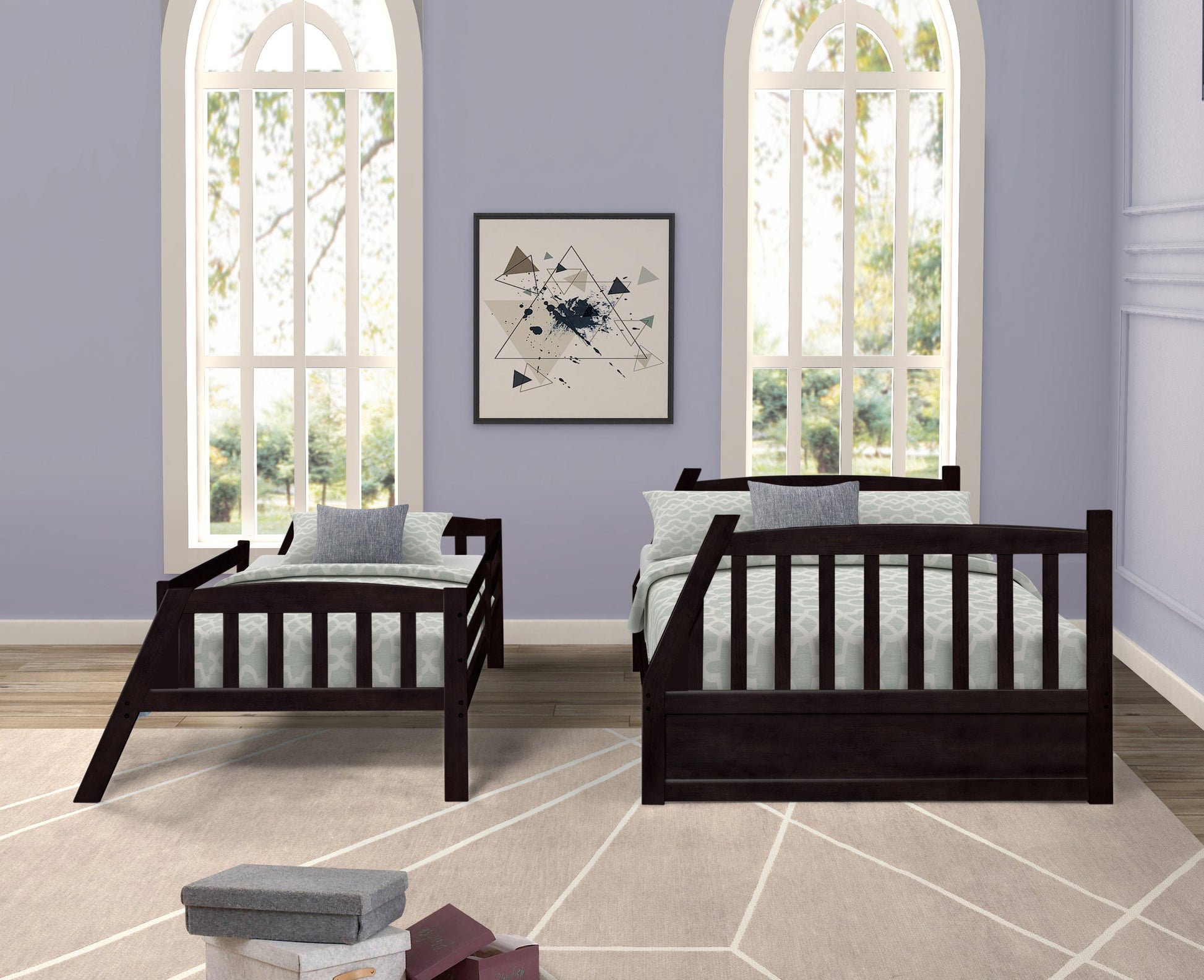 Solid wood bunk bed with storage in dark finish by Vtng Furniture in a bright bedroom setting