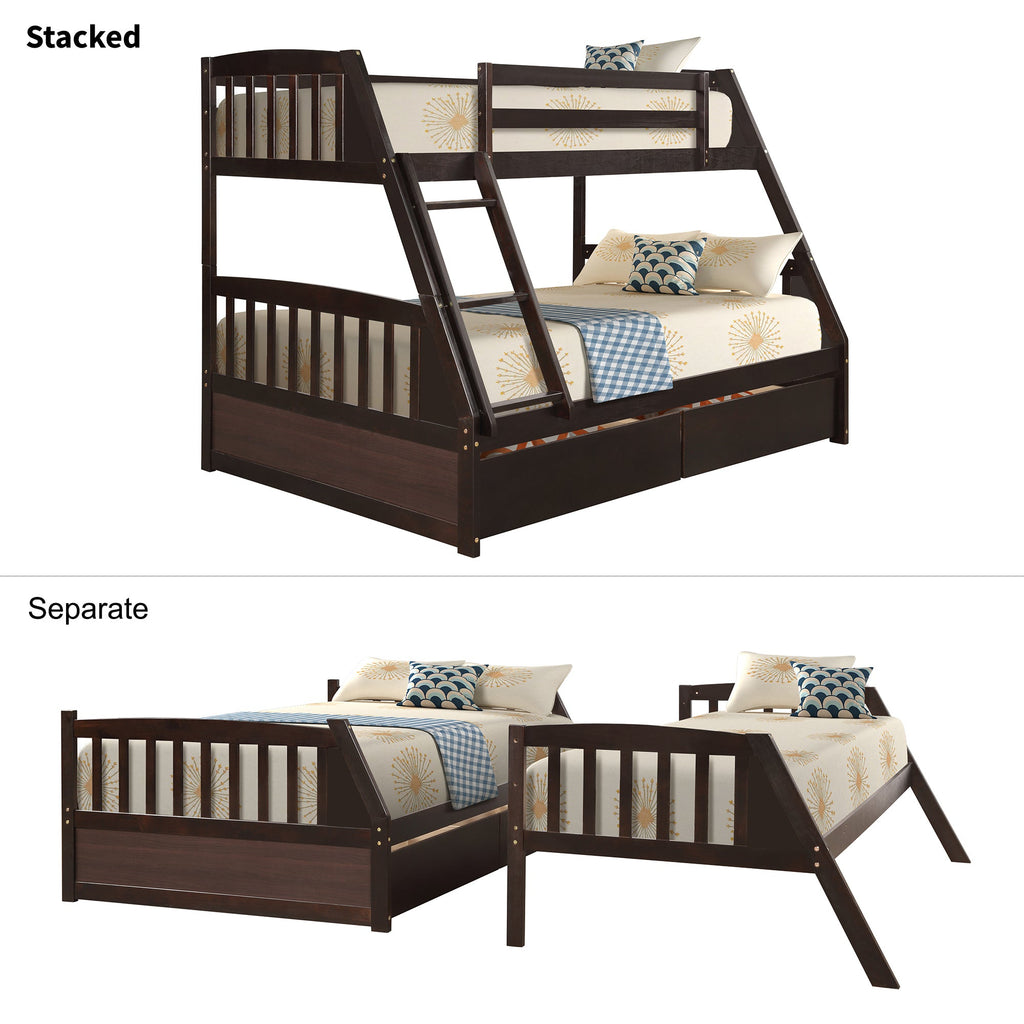 Vtng Furniture solid wood bunk bed with storage in dark finish shown stacked and separated configurations
