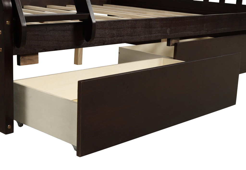 Vtng Furniture solid wood bunk bed with storage drawer open showing large under-bed space
