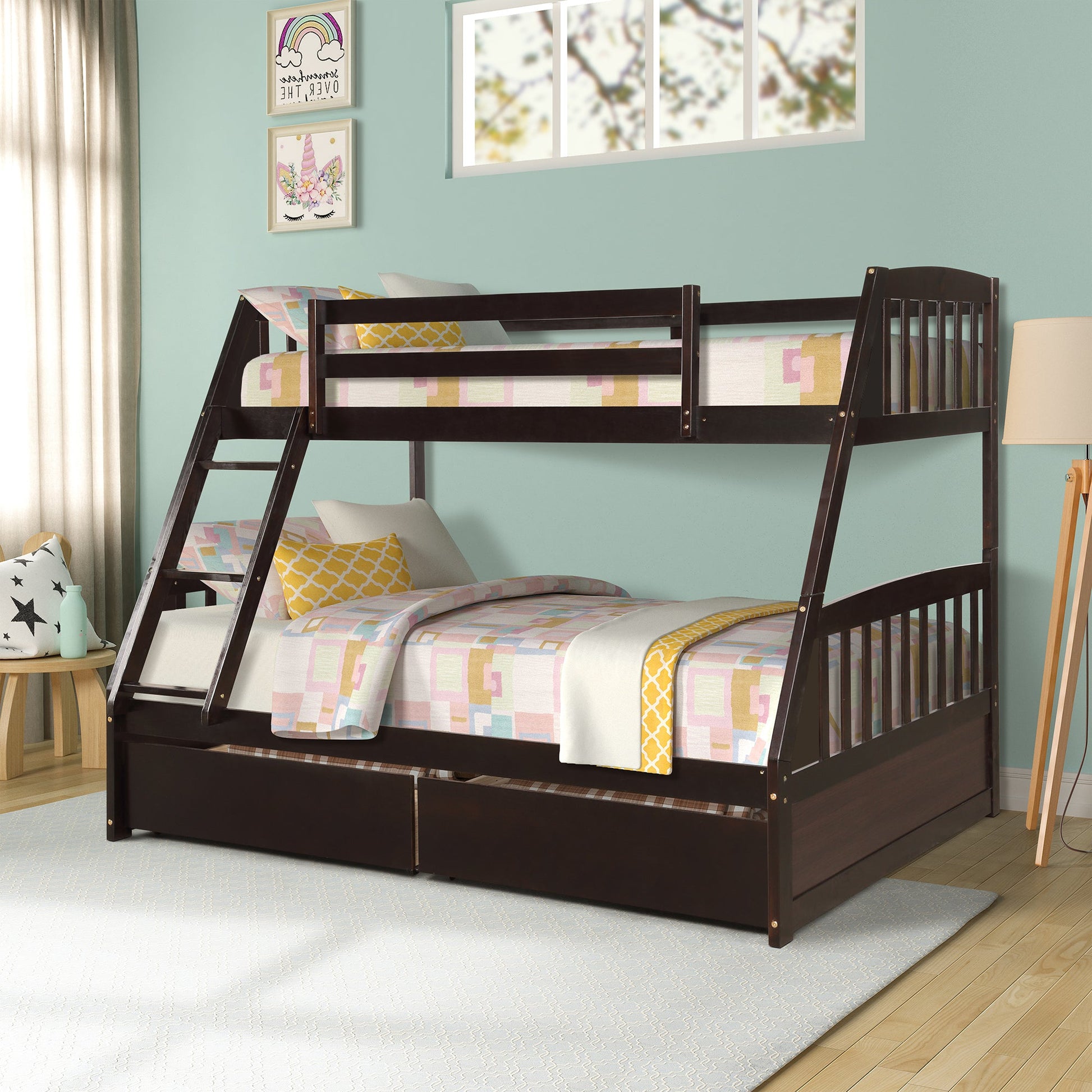 Vtng Furniture solid wood bunk bed with storage in dark finish with ladder and drawers