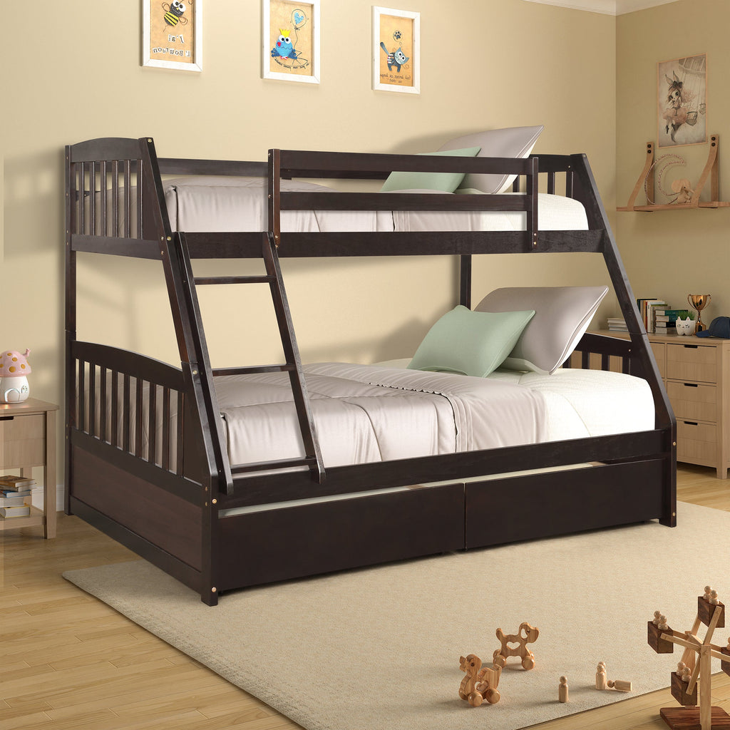 Vtng Furniture solid wood bunk bed with storage in dark finish with twin over full beds in a bedroom