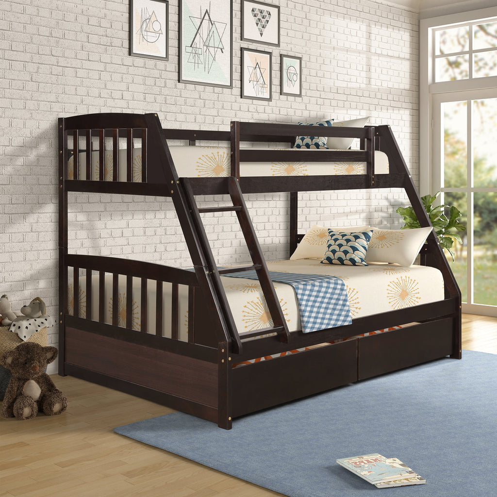 Solid wood bunk bed with storage in dark finish featuring twin over full beds and ladder in a bright bedroom