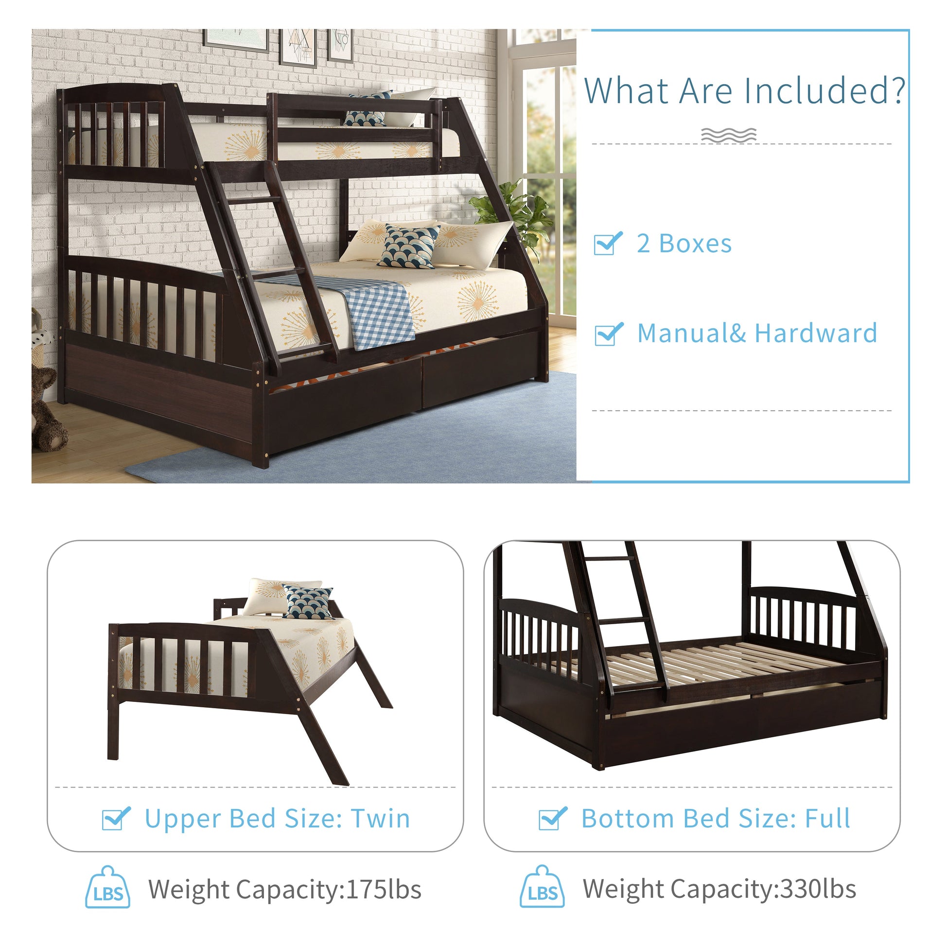 Vtng Furniture solid wood bunk bed with storage in dark finish featuring twin upper and full bottom beds with ladder