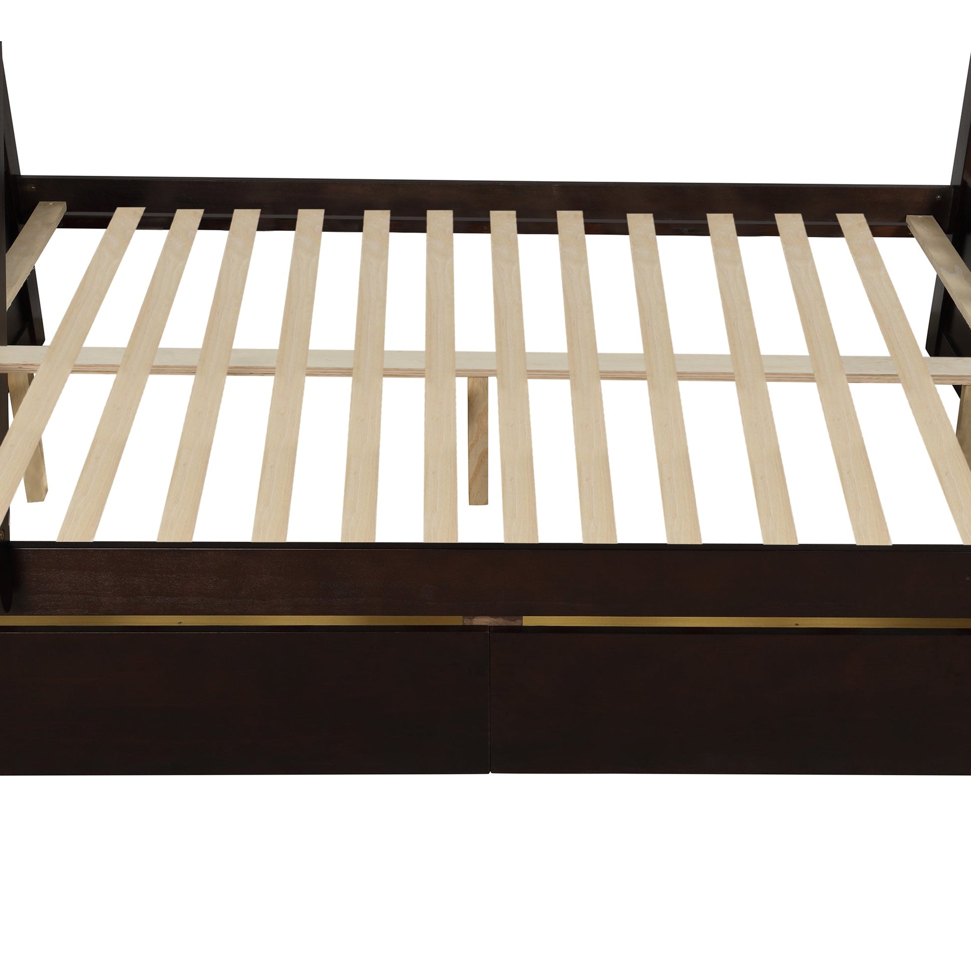 Vtng Furniture solid wood bunk bed with storage showing dark wood frame and wooden slats base