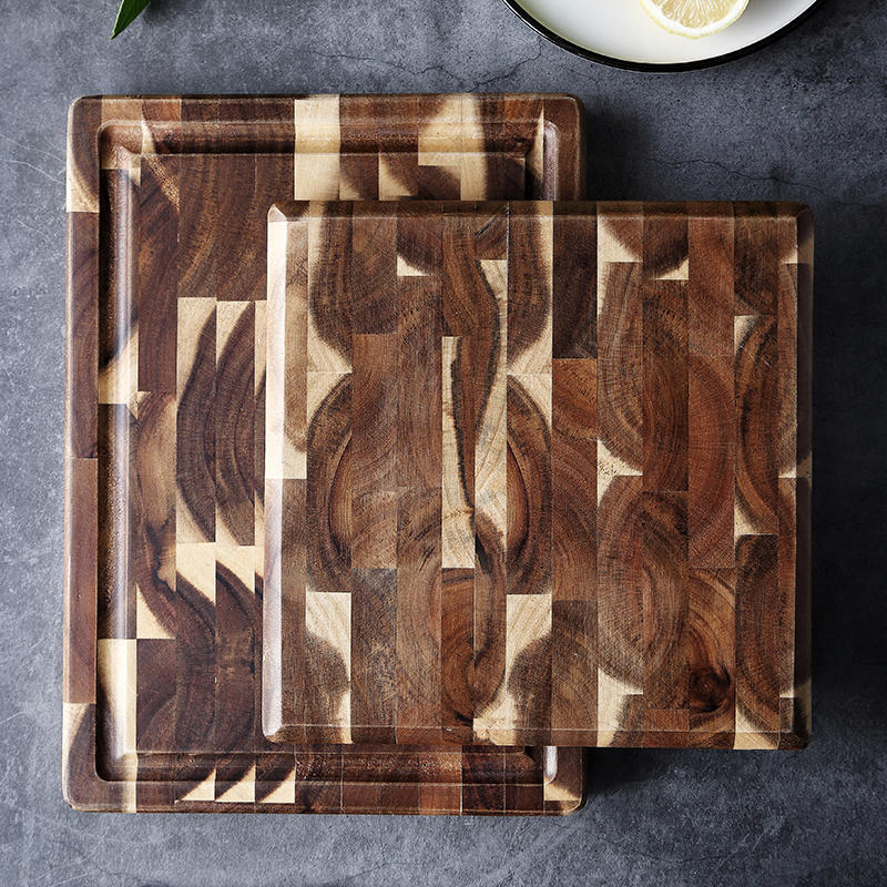 Shopi Vella solid wood cutting board set with rich natural grain pattern and juice groove edges