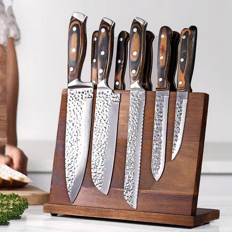 Shopi Vella solid wood magnetic knife holder displaying six kitchen knives with wooden handles