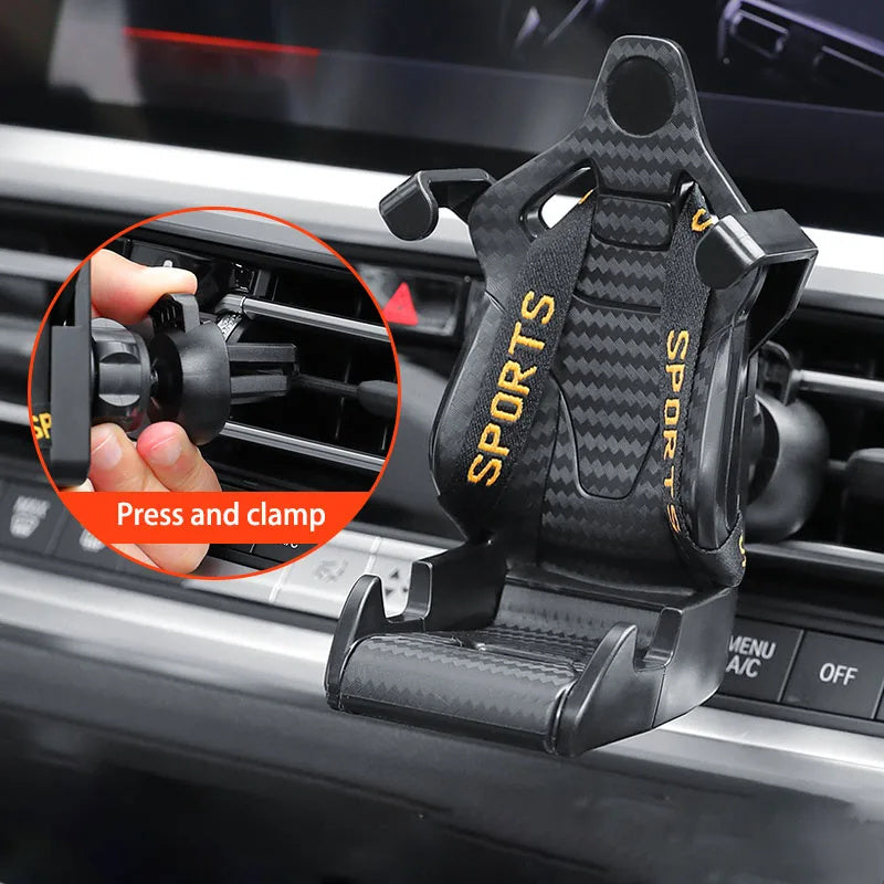 Shopi Vella racing seat car phone holder in black with sports design mounted on a car air vent