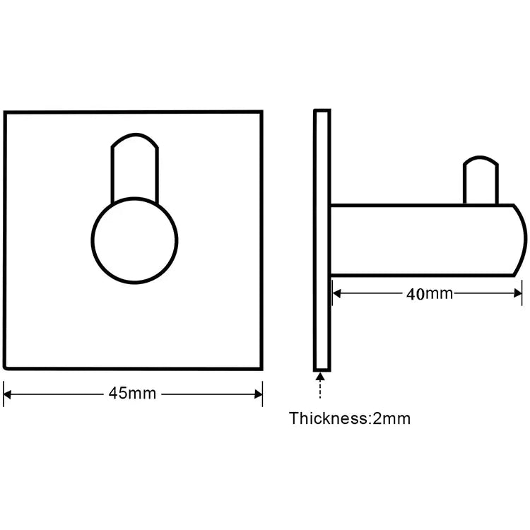 Technical drawing of a square coat hook for home organization with dimensions 45mm by 40mm and 2mm thickness