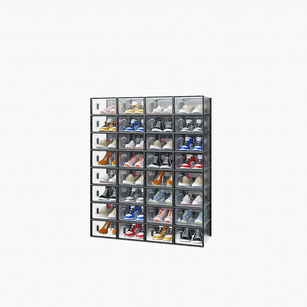 Shopi Vella stackable black plastic shoeboxes holding various sneakers in organized storage
