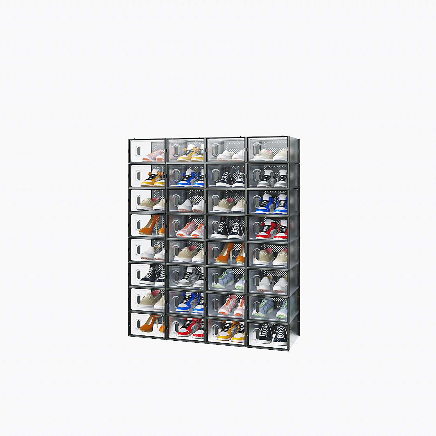 Shopi Vella stackable black plastic shoeboxes holding various sneakers in organized storage