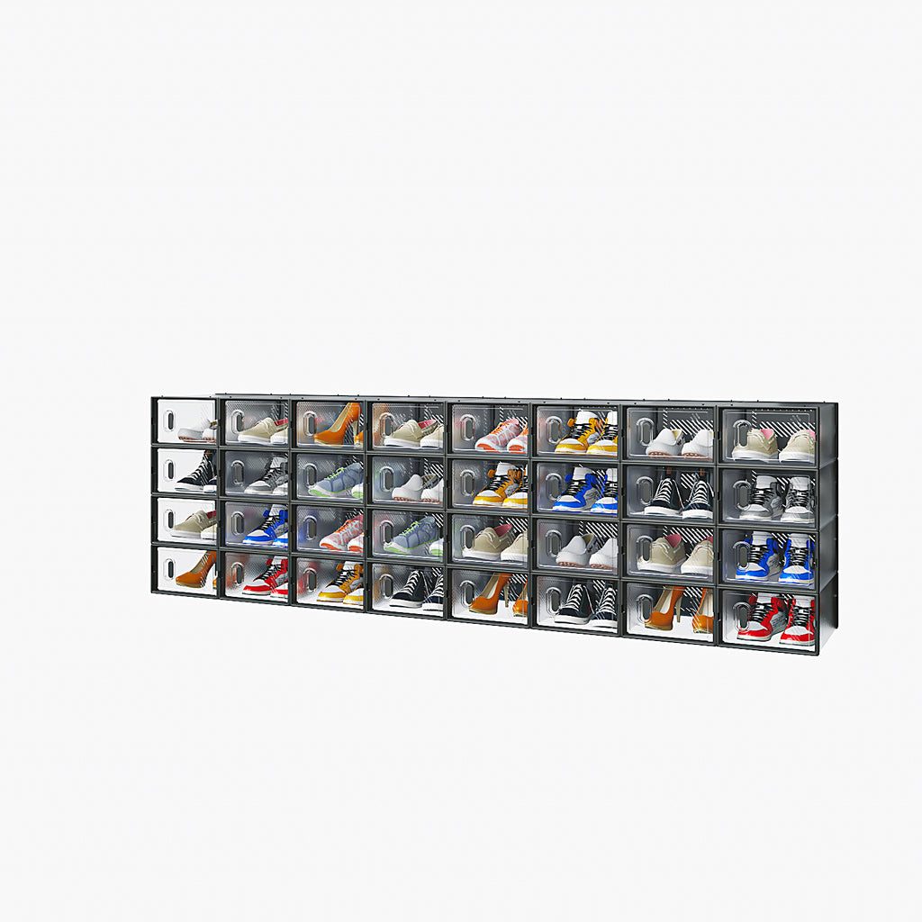 Shopi Vella stackable black plastic shoeboxes with transparent fronts holding various pairs of shoes