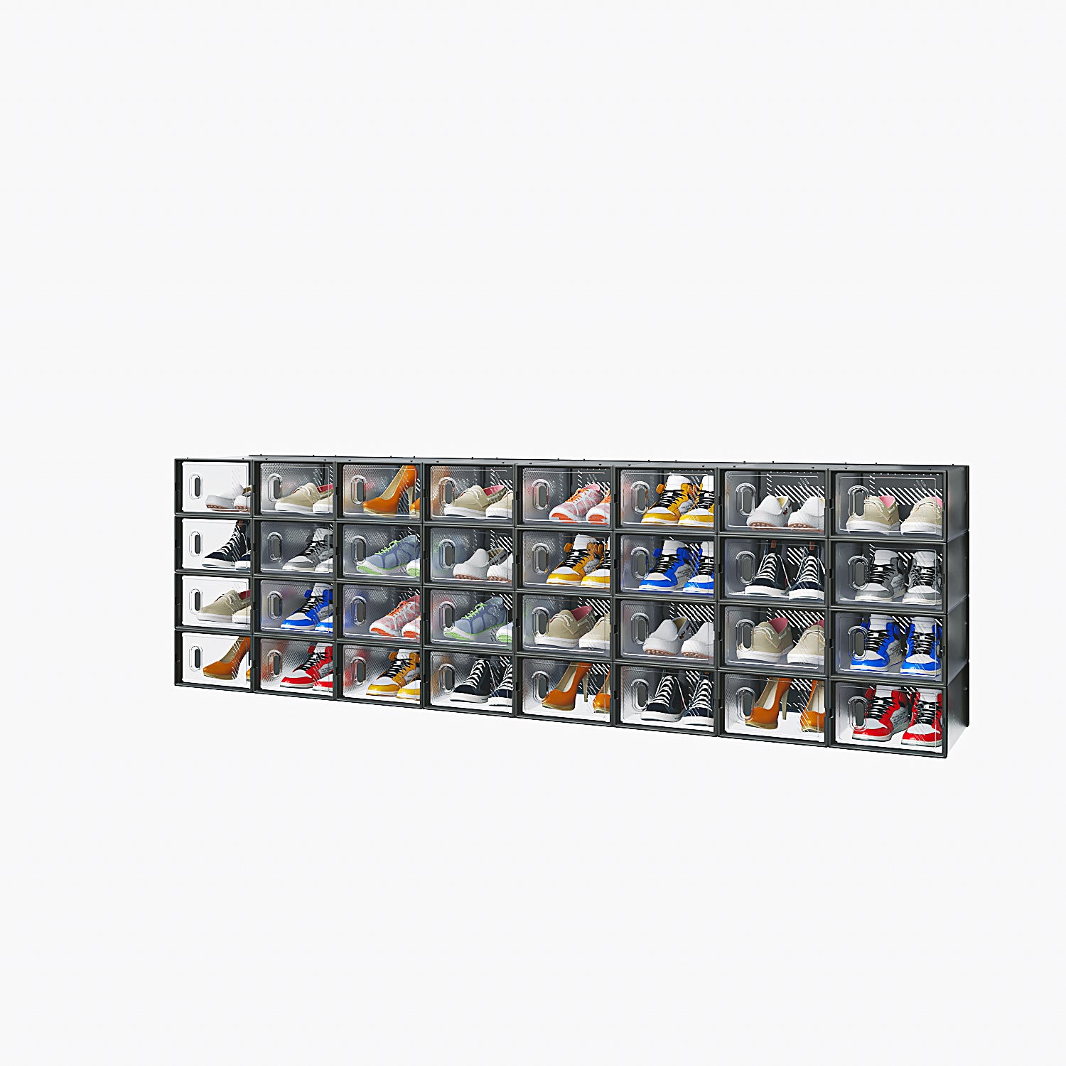 Shopi Vella stackable black plastic shoeboxes with transparent fronts holding various pairs of shoes