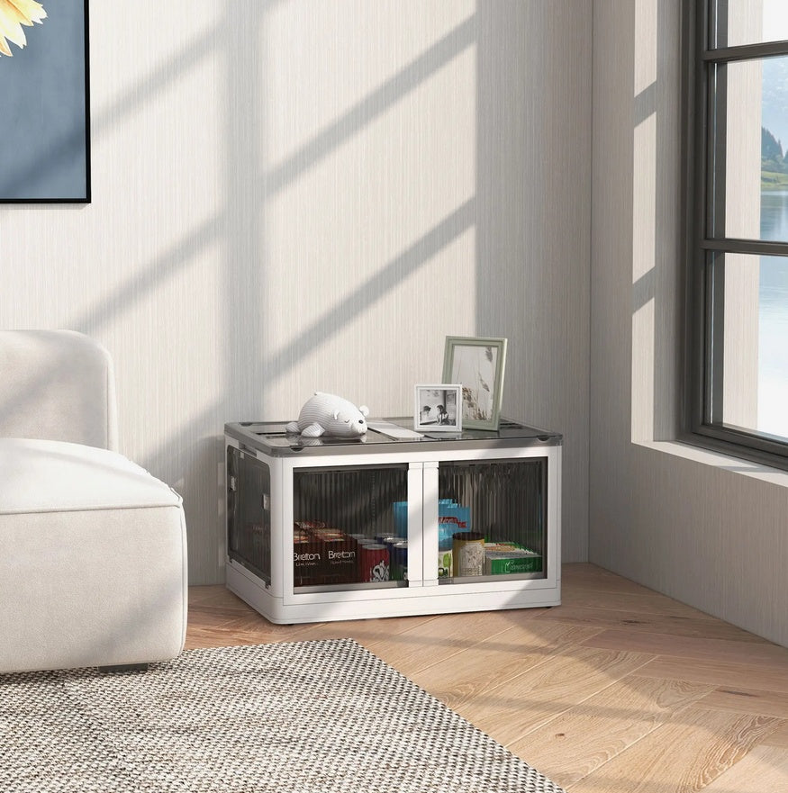 Shopi Vella stackable storage bins with lids in a modern living room holding toys and decor
