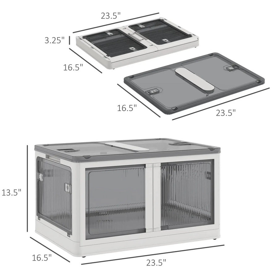Shopi Vella stackable storage bins with lids in gray and white with dimensions for home organization