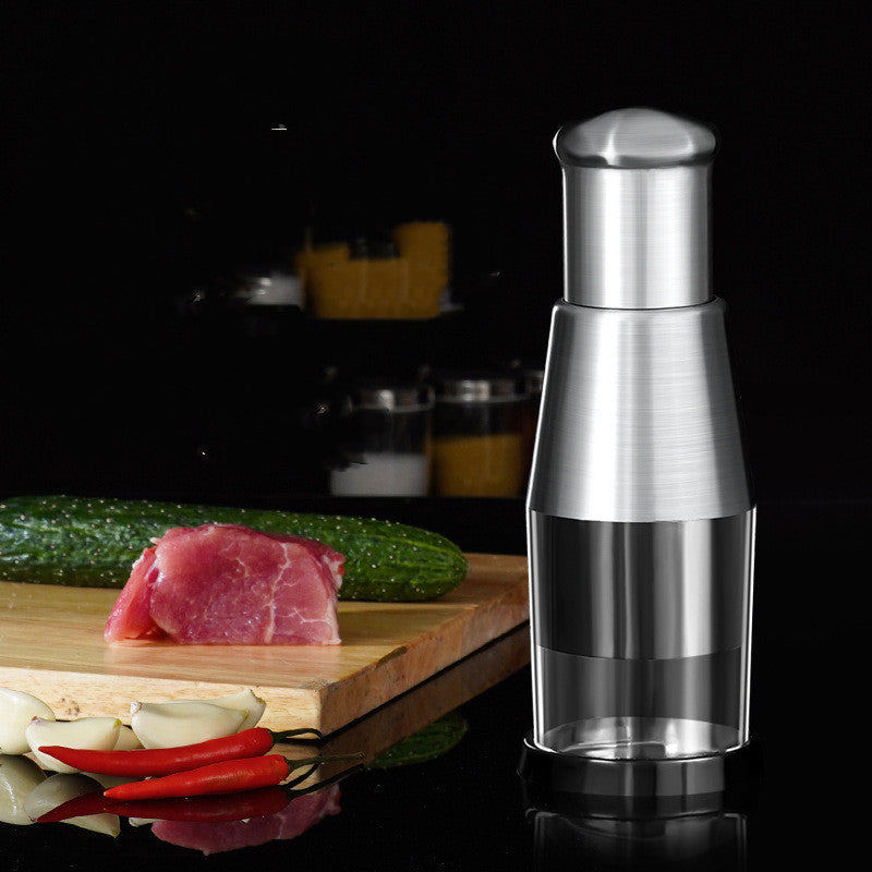 Shopi Vella stainless steel garlic crusher onion chopper with clear container on black background