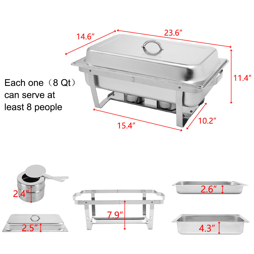Shopi Vella stainless steel buffet chafing dishes with dimensions and components for serving large groups