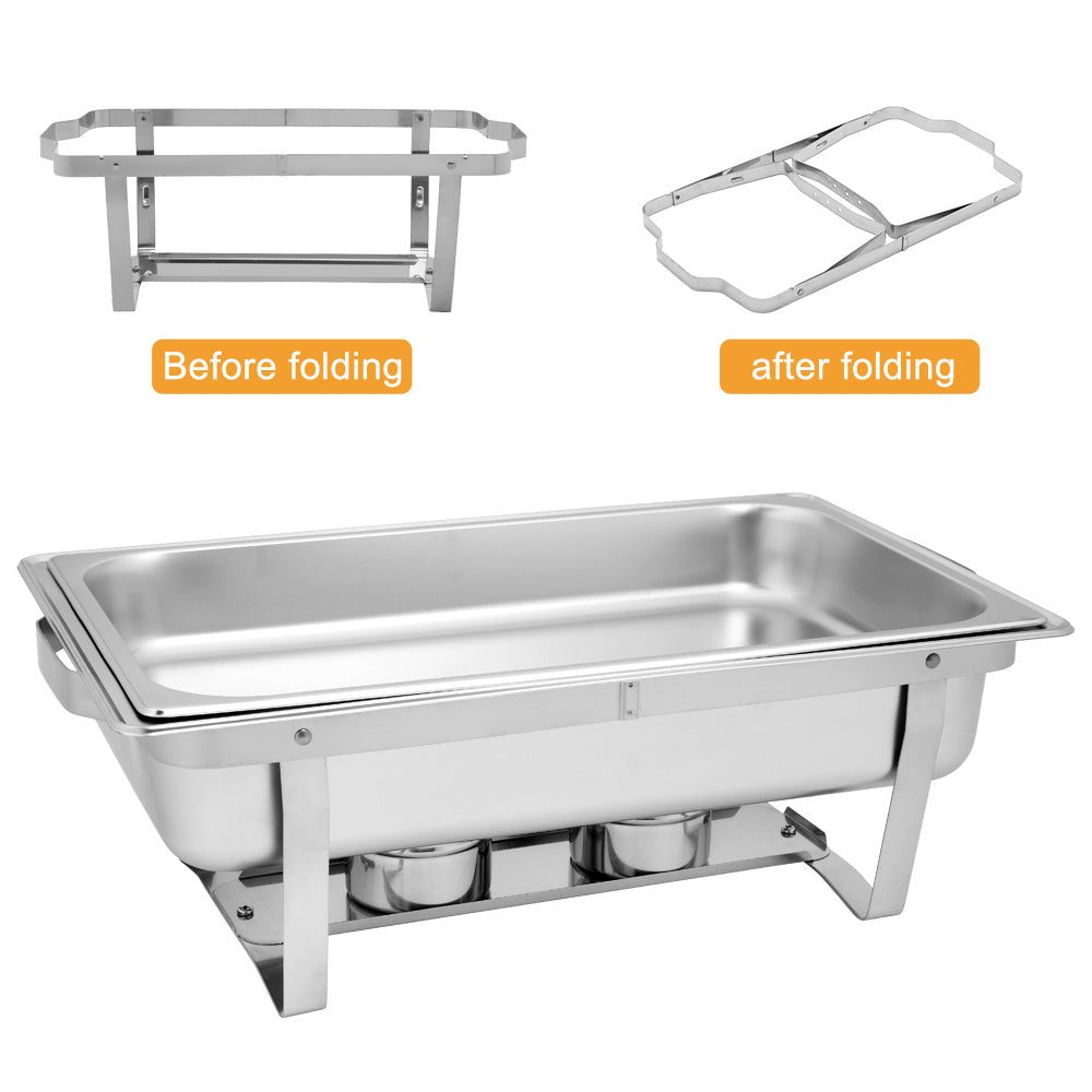 Shopi Vella stainless steel buffet chafing dishes showing folding stand before and after with deep food pan