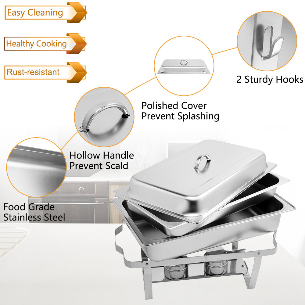 Stainless steel buffet chafing dishes with polished cover, hollow handle, and two sturdy hooks by Shopi Vella