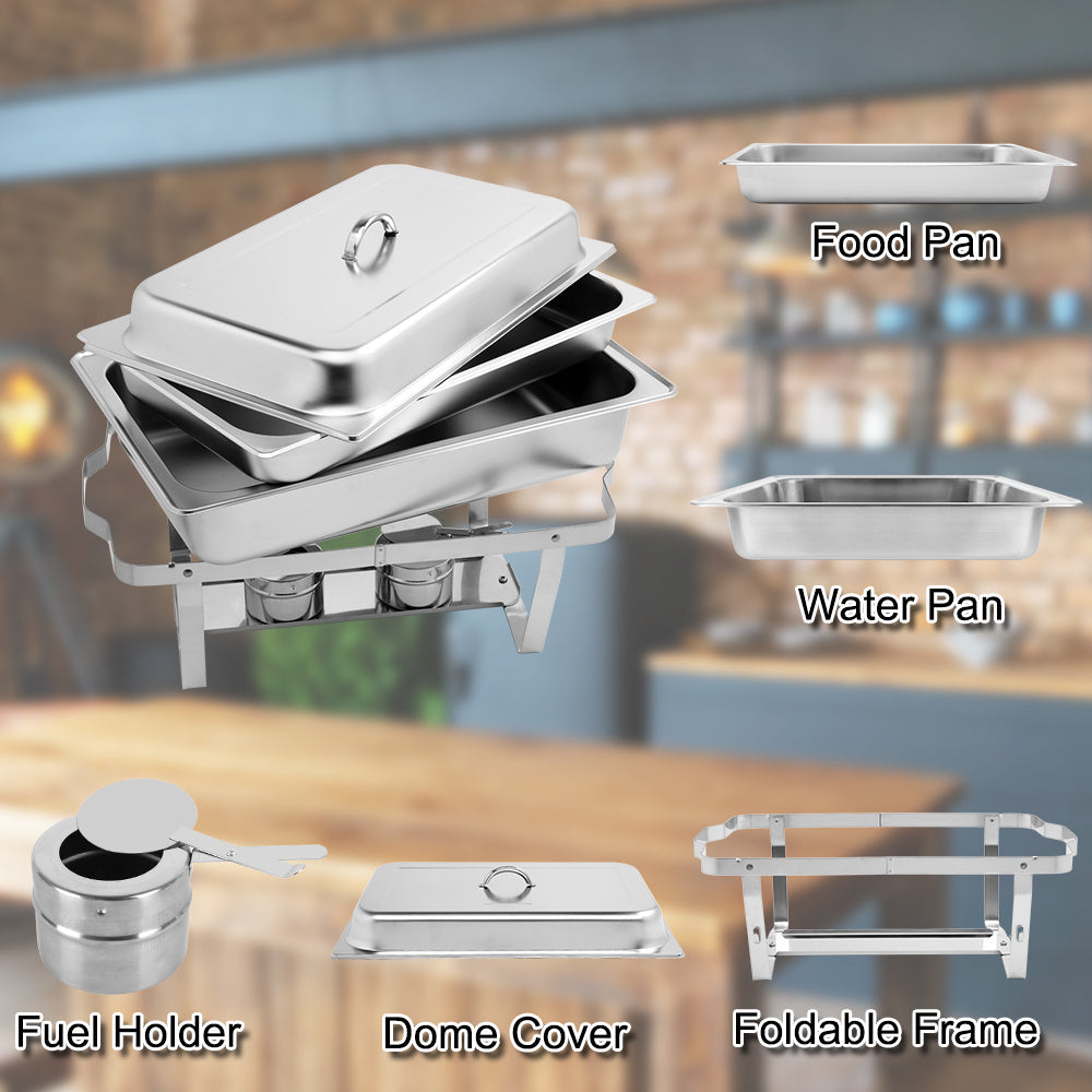 Shopi Vella stainless steel buffet chafing dishes set with food pan water pan fuel holder dome cover and foldable frame