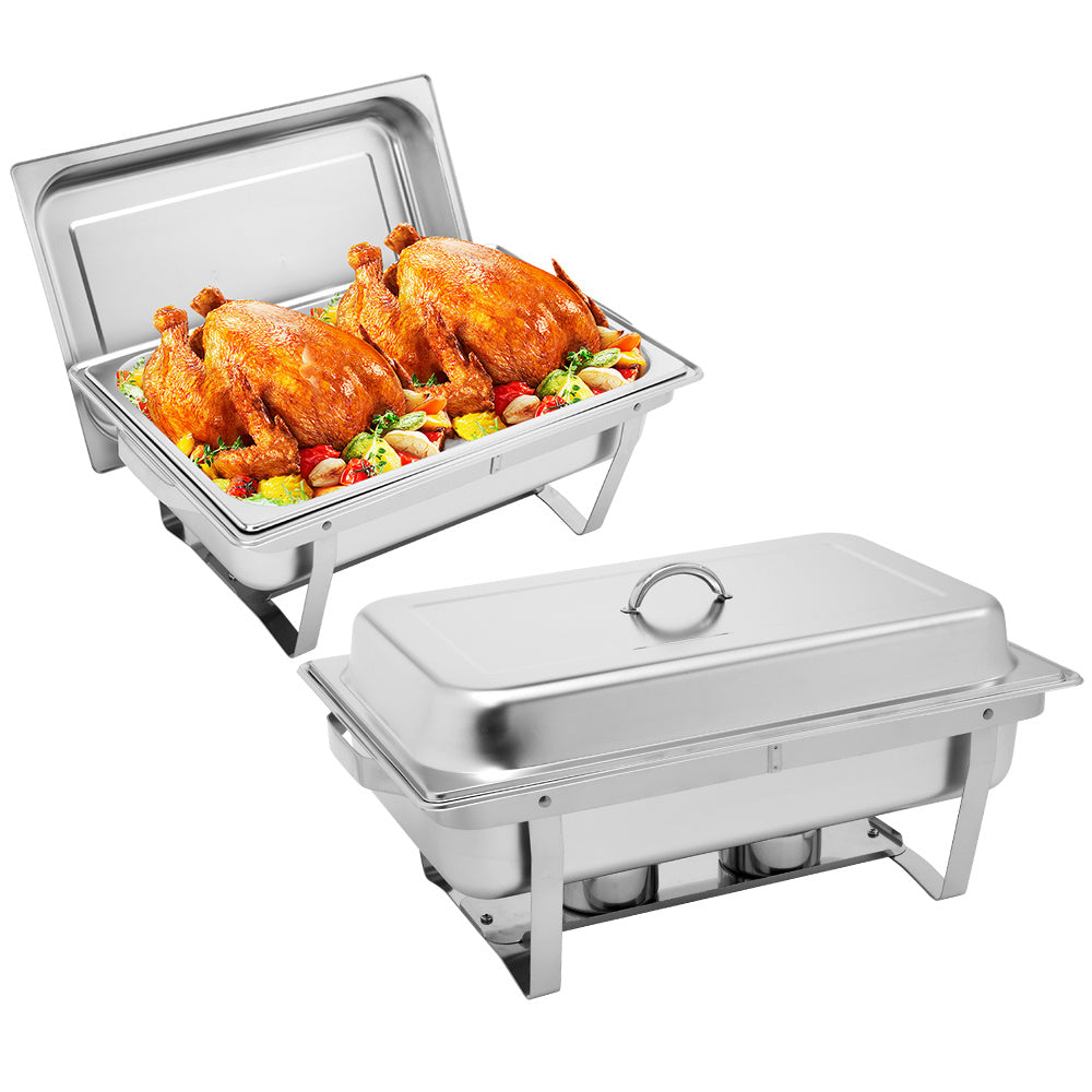 Shopi Vella stainless steel buffet chafing dishes with roasted chickens and vegetable garnishes
