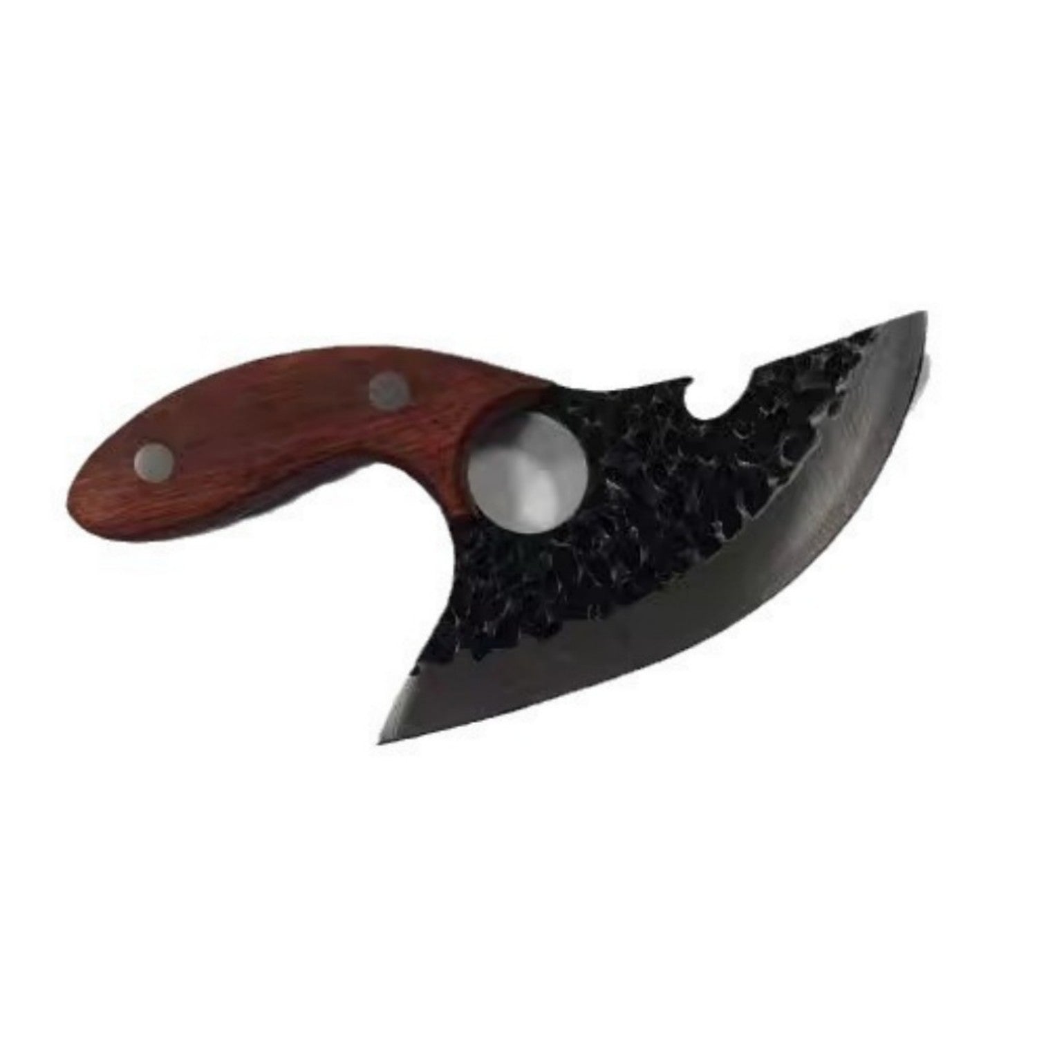 Shopi Vella stainless steel chef knife with wooden handle and textured black blade for kitchen storage
