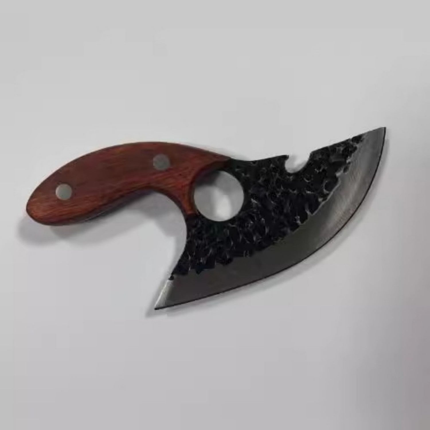 Shopi Vella stainless steel chef knife with curved blade and wooden handle for kitchen storage