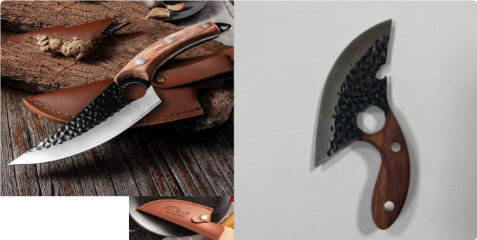 Shopi Vella stainless steel chef knife with hammered blade and wooden handle for kitchen storage