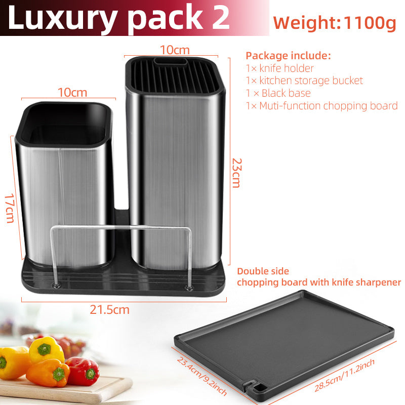 Stainless steel chopping board holder set with knife holder, kitchen storage bucket, black base, and multi-function chopping board